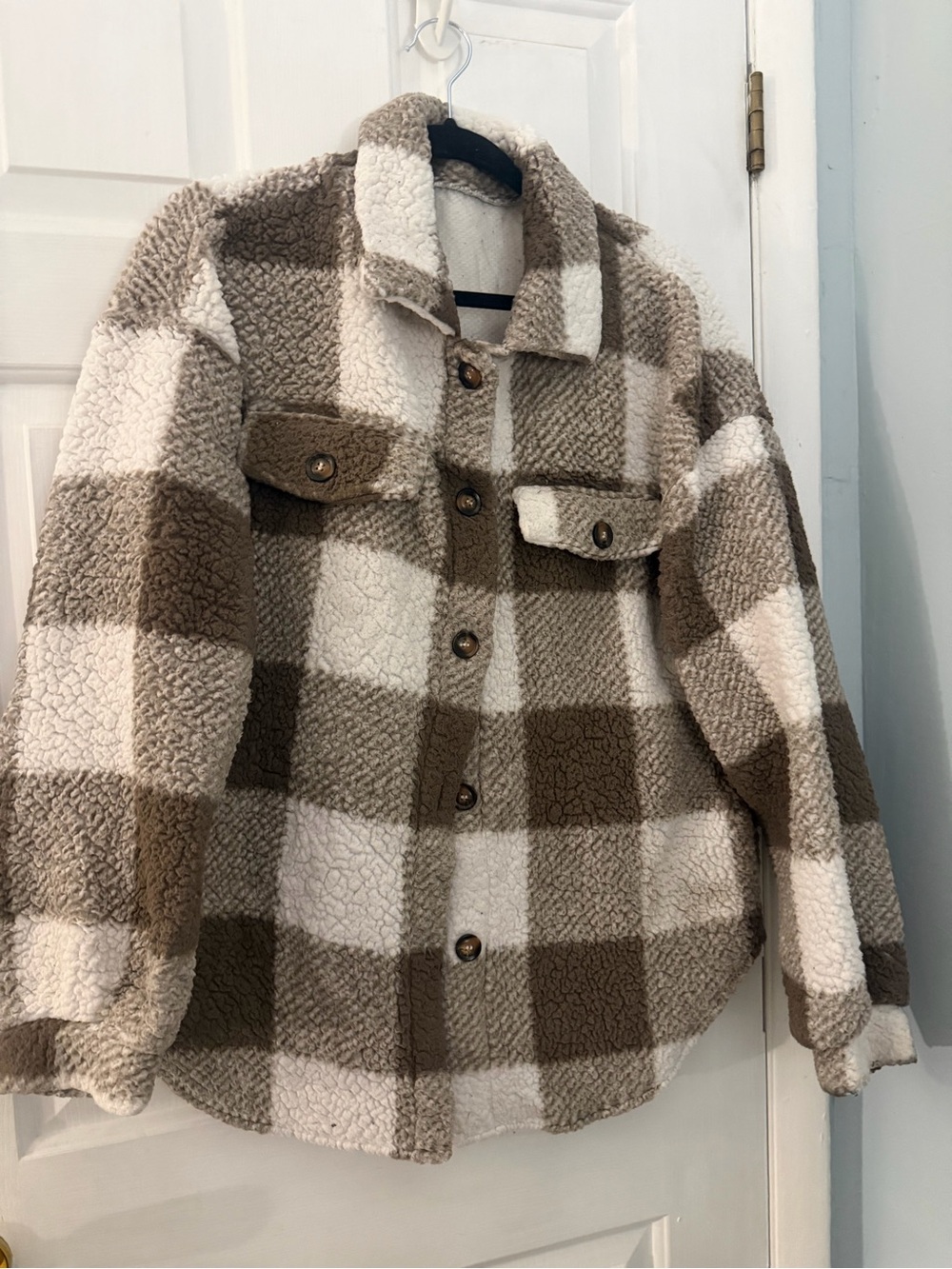 Women’s XL Neutral Plaid Sherpa Teddy Shacket Oversized Jacket
